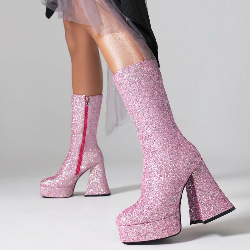 2023 New Square Toe High Chunky Sequin Flare Heel Fashion Mid-Calf Boots Street Performance Shoes Plus Size_voghion.com