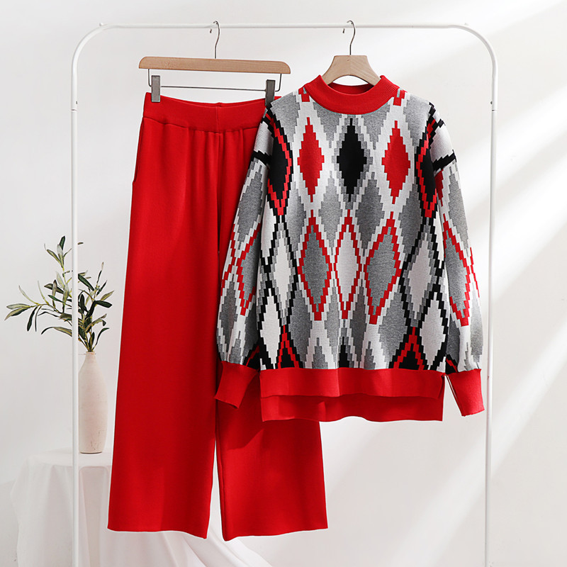 Damenbekleidung, abstrakter Jacquard, locker, schlank, sportlich, modisch, lässig, gestrickter Wollanzug, zweiteiliges Set für Damen_voghion.com
