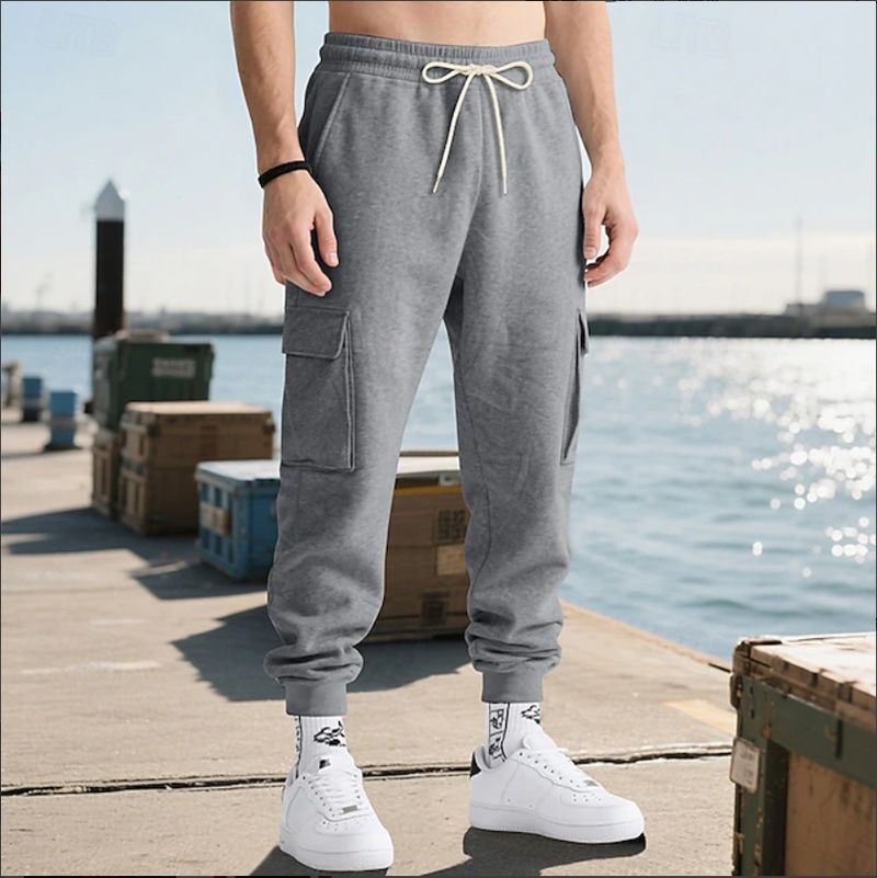 Pantalon de jogging cargo pour homme avec taille élastique et cordon de serrage - Pantalon décontracté multi-poches pour l'entraînement, la course et le quotidien (noir, rouge)_voghion.com