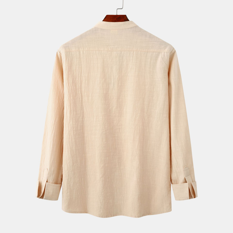 Camicia da uomo ampia a maniche lunghe in cardigan con colletto alla coreana in lino tinta unita_voghion.com