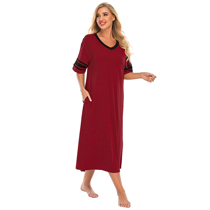 Abbigliamento da donna Nuovo Comodo Scollo a V Largo Contrasto Colore Cotone Maniche corte Casa Vestiti All'ingrosso_voghion.com