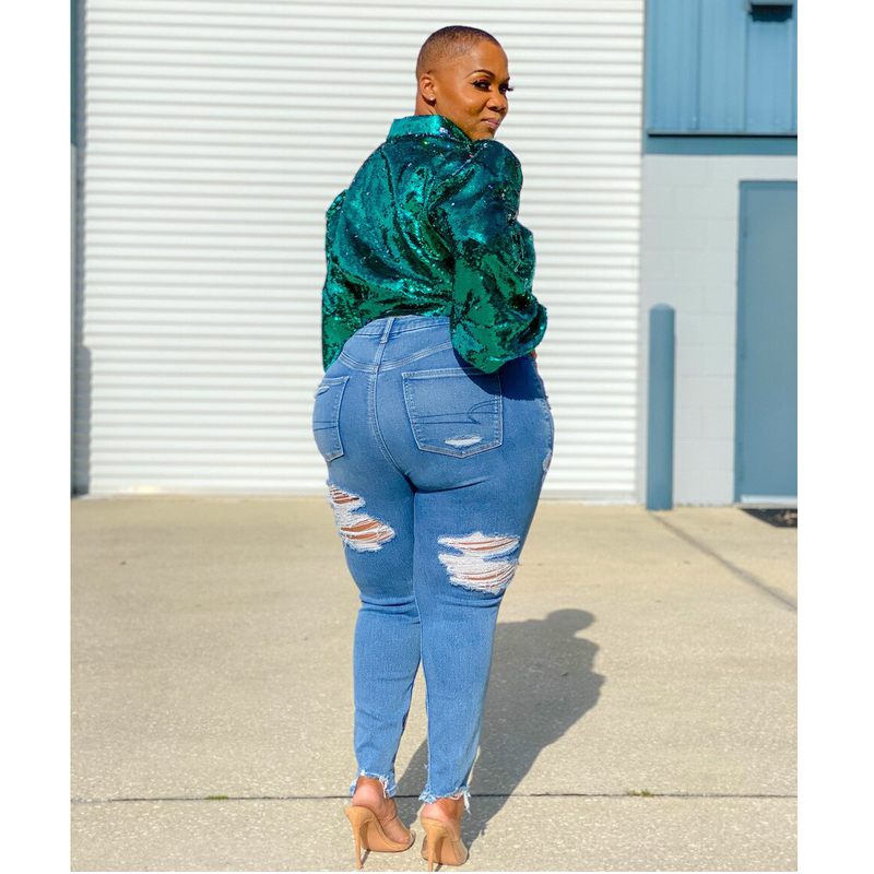 Women's clothing HSF2381 large size women's clothing personalized ripped slim stretch denim petite pants_voghion.com