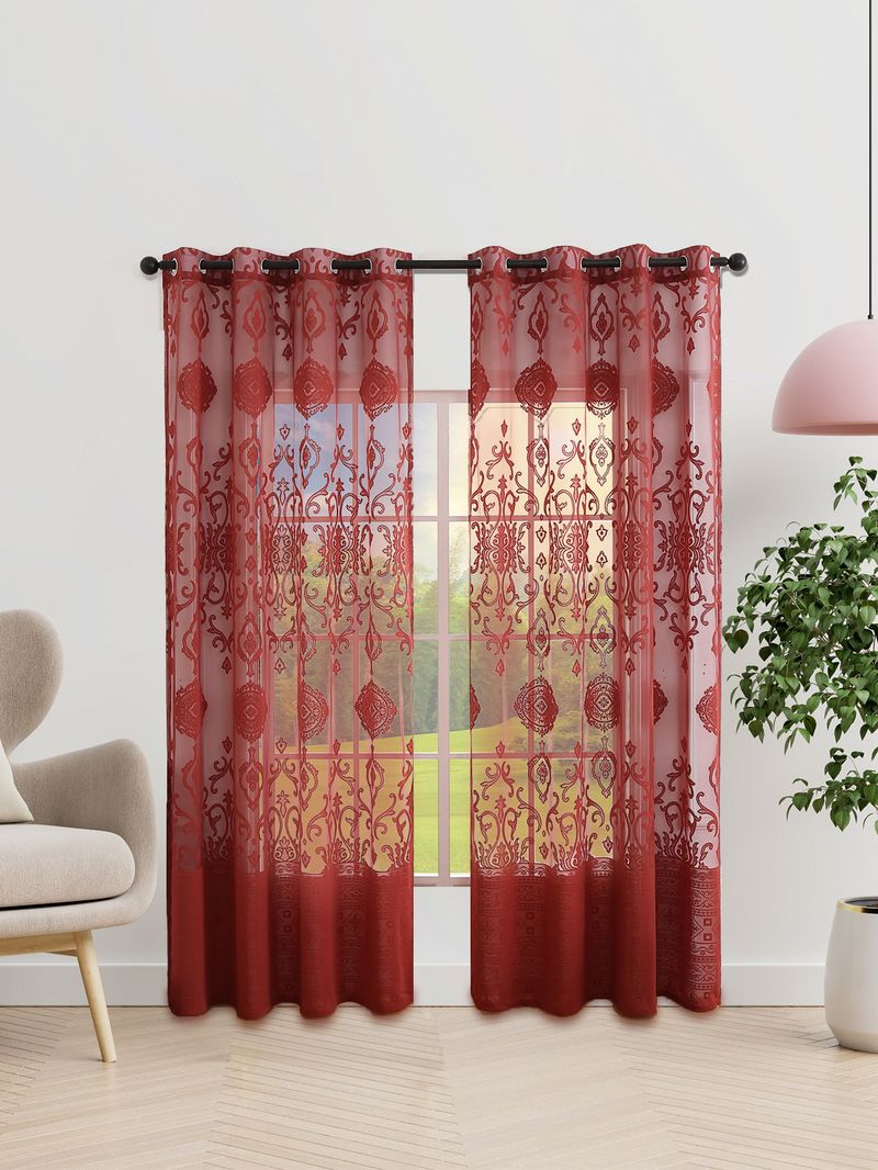 Coin-Pattern Lace Curtains – Semi-Sheer Polyester Window Treatments For Living Room, Bedroom & Kitchen (Red/Beige/White, Multiple Sizes)_voghion.com