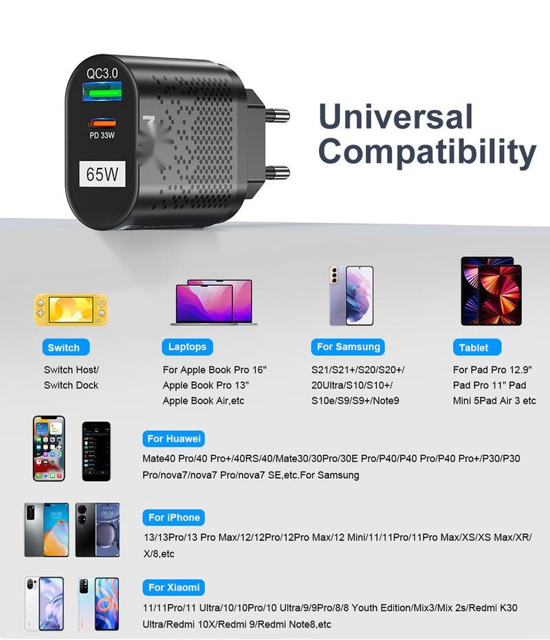 USLION 65W GaN Charger Tablet Laptop Fast Charger Type C PD Quick Charger EU/KR Specification Plugs Adapter For Samsung Iphone_voghion.com