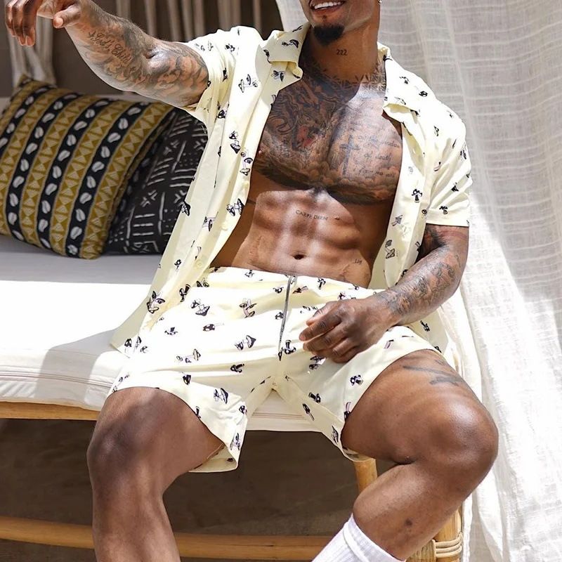 Herrenbekleidung Herren Hawaiihemd Code 3D-gedruckte Shorts Hemd Anzug Sommer_voghion.com