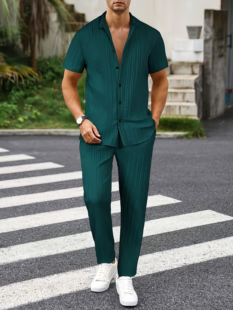 Costum casual pentru bărbați, la modă, cu dungi texturate și valuri, cu mânecă scurtă, pantaloni lungi_voghion.com