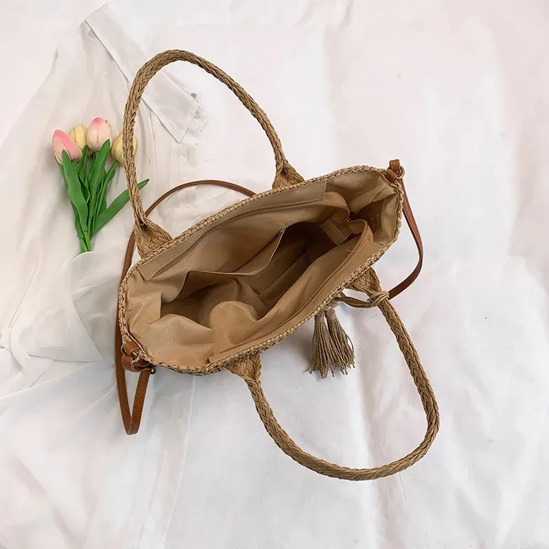 Stroh-Strandtasche mit Reißverschluss, Schultergurt, verstellbarer Tragegriff, Umhängetasche für Damen, Reisen, Urlaub 250614l_voghion.com