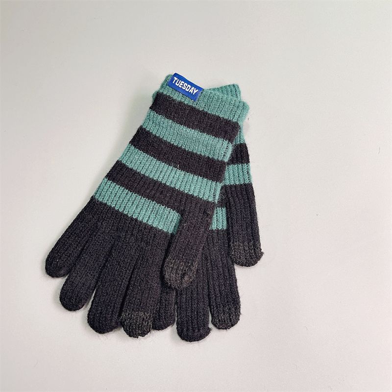 Knitted yarn warm winter women, striped, exposed finger touch screen, outdoor cycling, student Korean version, trendy_voghion.com