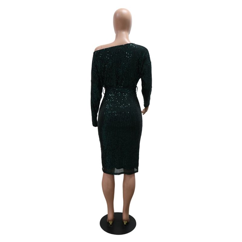 Schulterfreies Wickelkleid mit Pailletten – Glamour-Kleid mit langen Ärmeln (S–XXL, Stretch-Polyester, Smaragdgrün und Nude, für Feiertagspartys und Verabredungen am Abend)_voghion.com