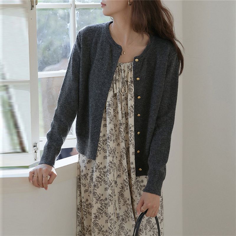 Cardigan lavorato a maglia con scollo rotondo e bottoni dorati, da donna, coreano, delicato, autunno 2024, casual, basico, giacca_voghion.com