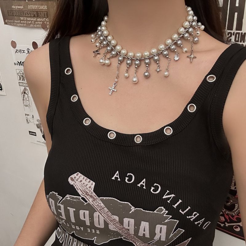 Collier à pampilles en perles croisées de style gothique punk pour femme, chaîne de clavicule lourde et sombre_voghion.com