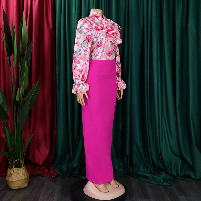 Dameskleding Mode Bedrukt Strappy Shirt met Lange Mouwen Rok Lange Rok Tweedelige Set_voghion.com