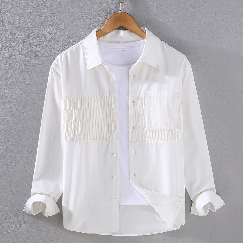 Toppa a contrasto in tessuto twill 2024, camicia a maniche lunghe artistica e casual, camicia con risvolto da uomo, giacca ampia e alla moda, da uomo_voghion.com