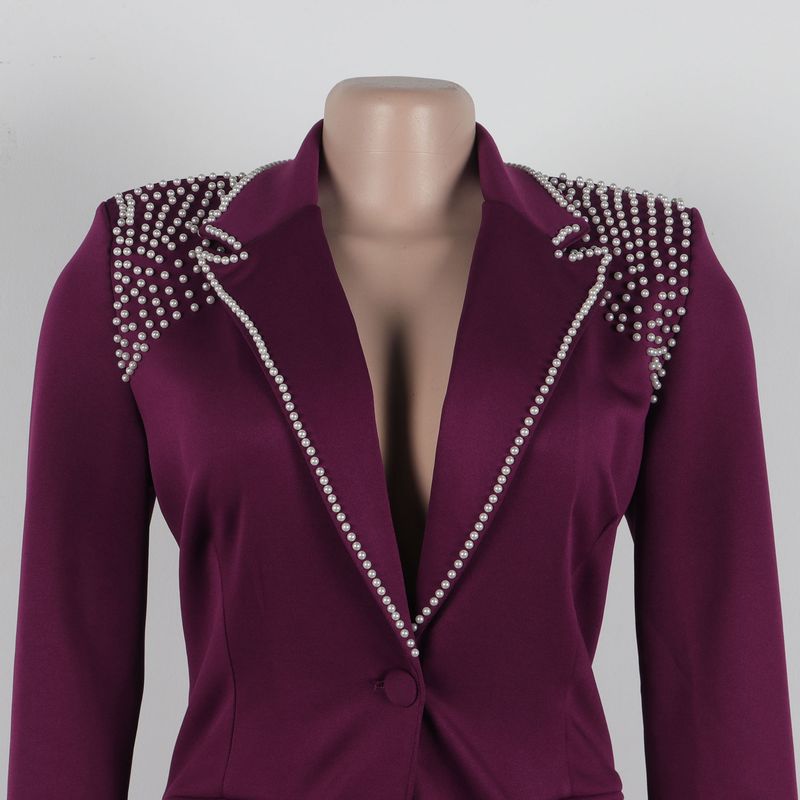 Traje de dos piezas ajustado de manga larga con perlas para mujer_voghion.com