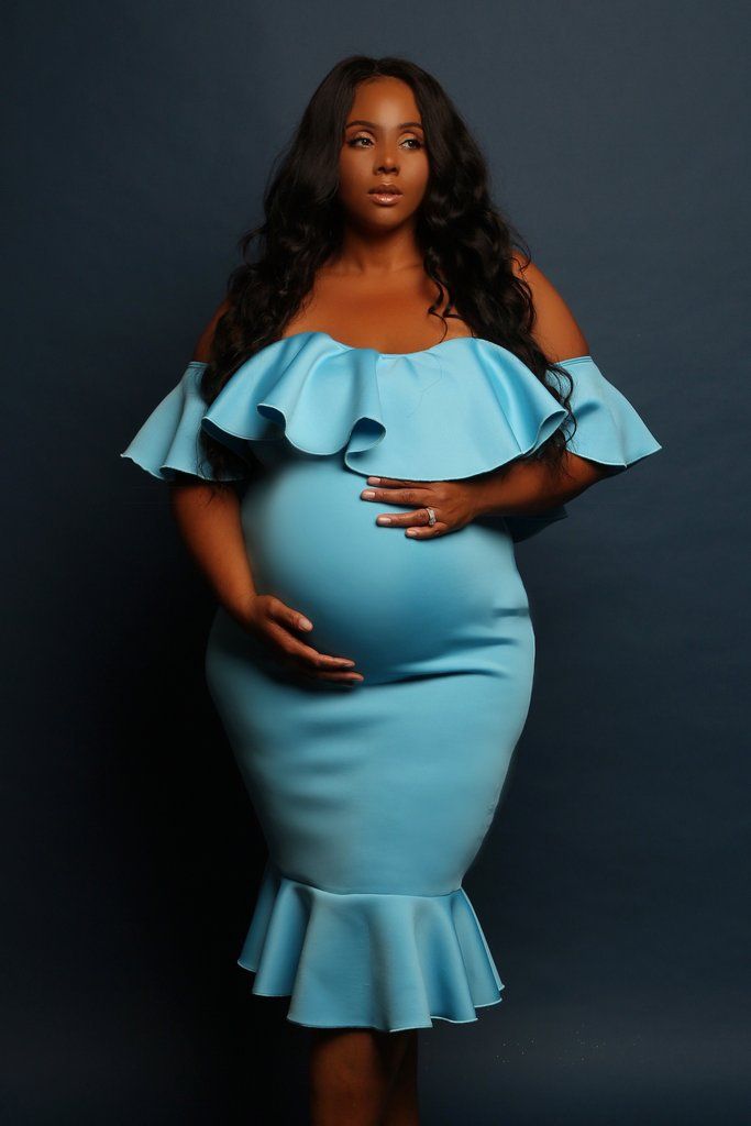 Jupe de maternité extensible pour femmes, avec col à volants et robe de photographie à traîne_voghion.com