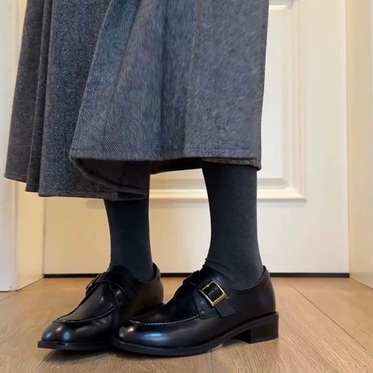 Sheepskin Version ~ Belt Buckle Slimming Chunky Heel Loafers Women Deep Mouth Black All-Match Single-Layer Genuine Round_voghion.com