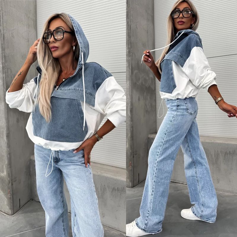 Felpa con cappuccio da donna in denim lavato, casual, alla moda, 25° anno, patchwork, 805_voghion.com