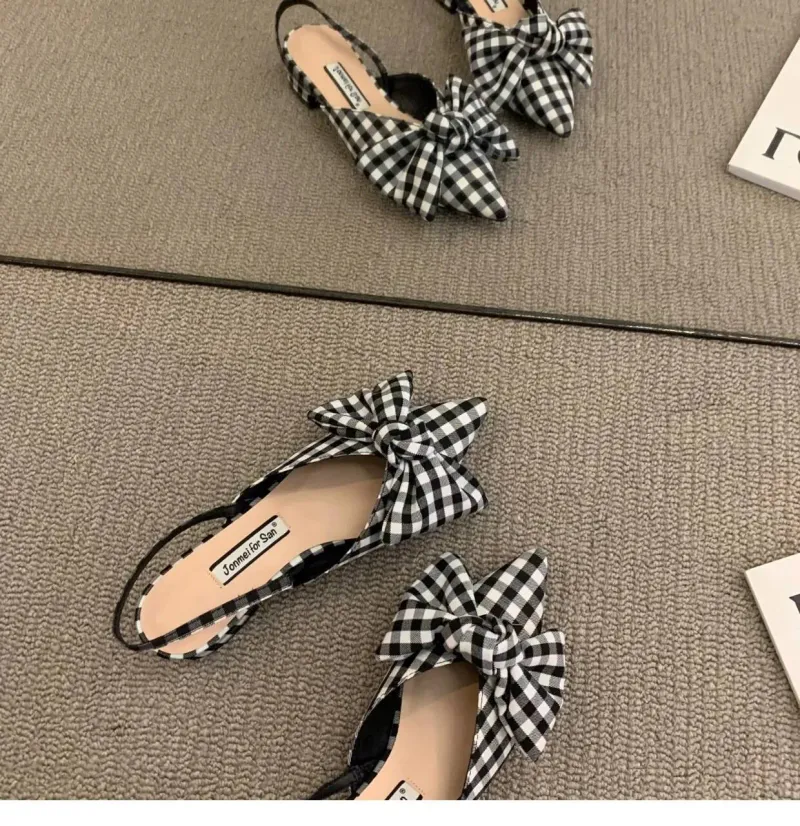 Summer Women's Fashion Shallow Bowknot Slingbacks Pumps Black And White Plaid Polka Dots Slip-on Low Heels Sandals_voghion.com