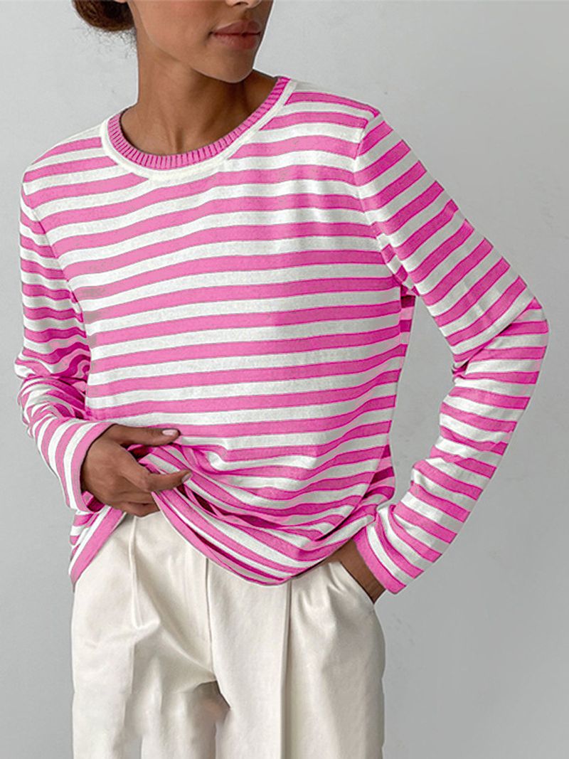 Maglione a righe da donna con scollo rotondo - Stile europeo e americano, primavera 2025, versatile, classico pullover a righe retrò_voghion.com