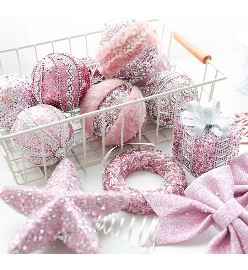 Christmas Pink Ball Ornaments Set - Foam Decorative Hanging Balls For Tree DIY Holiday Decorations With Bow Star Beads & Glitter (6 Styles)_voghion.com