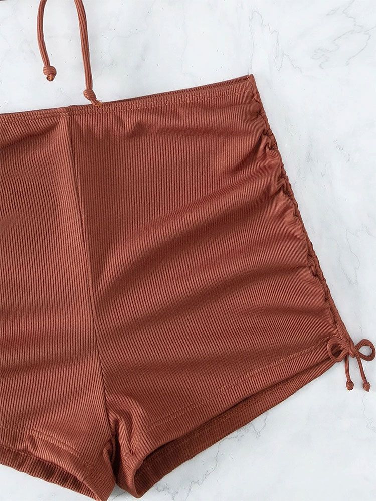 Maillot de bain deux pièces fendu, sexy, taille haute, col licou, couleur unie, bretelles_voghion.com