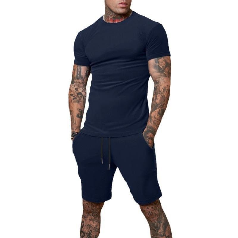 CT Hot Selling Solid Color T-Shirt + Five-Point Men's Summer Short Sleeve Shorts Set Breathable Style_voghion.com