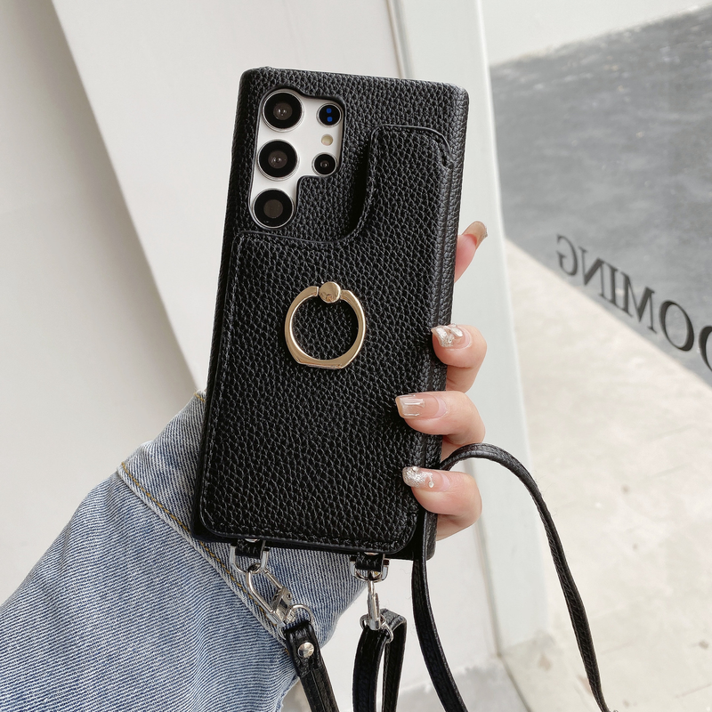 Mobile phone case for Samsung S23u two-fold card ring buckle holder mobile phone case GalaxyS22 litchi pattern half package foreign trade_voghion.com