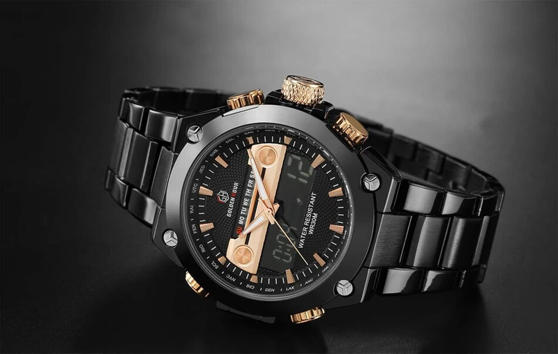 GOLDENHOUR Relógio de pulso masculino militar de aço inoxidável com data, esportivo, analógico e digital de quartzo, à prova d'água, com tela de LED_voghion.com