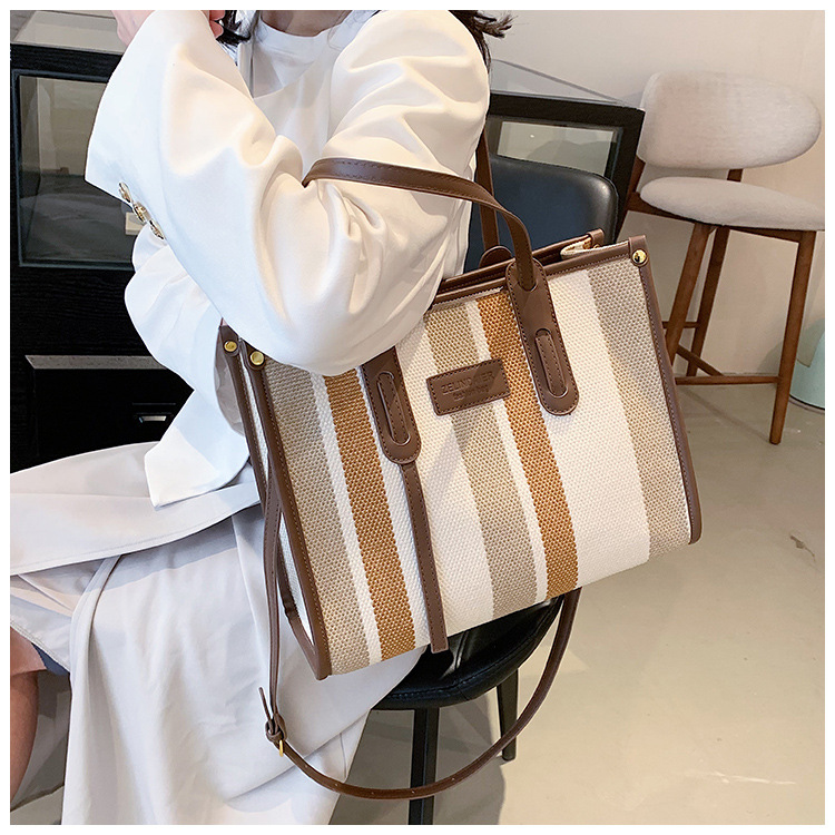 Nowa torba z grubej bawełny o dużej pojemności płócienna torba damska transgraniczny handel zagraniczny kontrastowy kolorowy pasek torba na ramię trend w modzie torba listonoszka_voghion.com