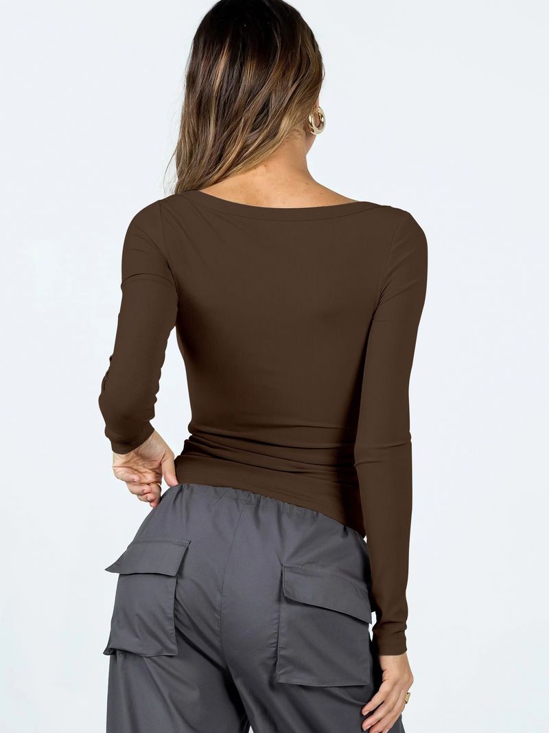 Elegante maglia a maniche lunghe con scollo a U - T-shirt elasticizzata slim fit per donna, morbido misto seta al latte, versatile capo da indossare a strati per lavoro e tempo libero_voghion.com