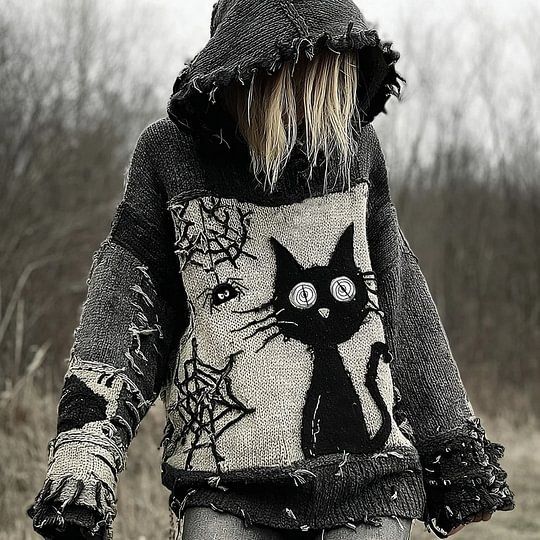Gemütlicher Oversize-Kapuzenpullover für Damen – 3D-bedruckter Streetwear-Pullover, Langarm-Oberteil mit überschnittenen Schultern im Gothic-Stil_voghion.com