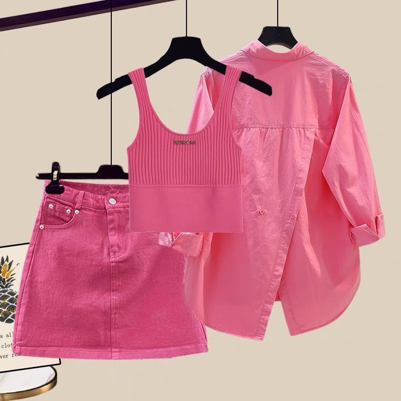 Ropa de mujer Temperamento Chaleco ajustado Camisa Falda vaquera Traje de tres piezas Moda_voghion.com