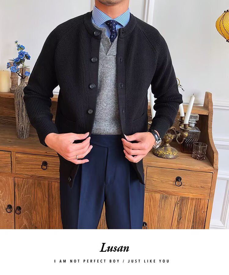 Übergroßer Strick-Cardigan für Herren – Dehnbarer und atmungsaktiver Freizeitpullover mit offener Vorderseite (Schwarz/Grau/Karamell) – Übergröße_voghion.com