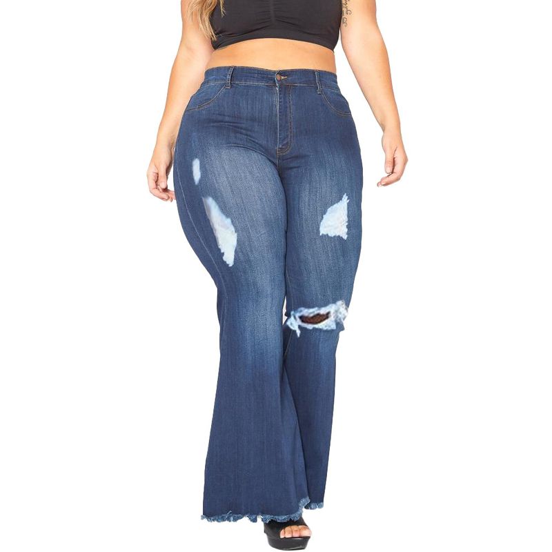Women's clothing sexy fashion knee hole stretch slim denim flared pants_voghion.com