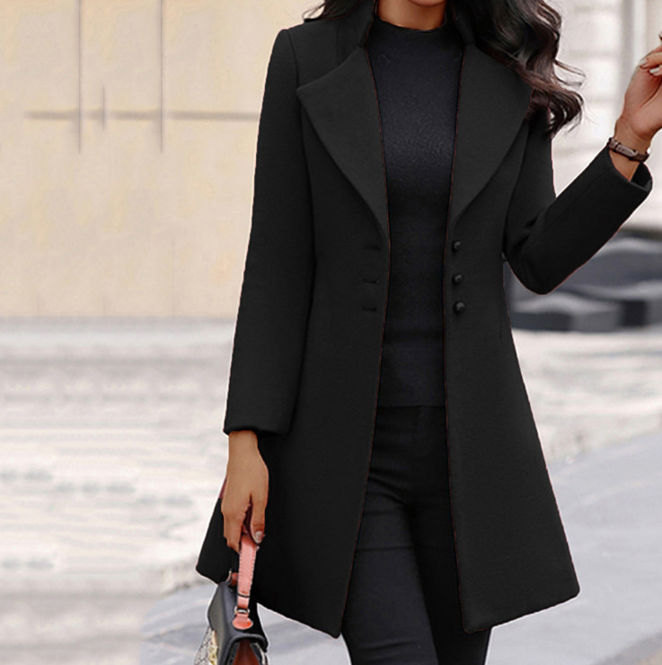 Comemore toamna femei haina cu guler mediu elegant cald iarna jachetă cu un singur nasture culoare solidă turn-down plus size_voghion.com