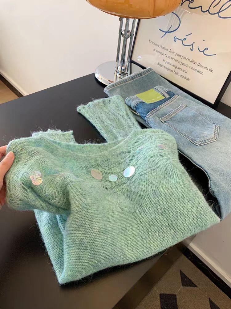 girl Recommended Personal Collection~ Dopamine Green Hollow Sequin Knitted For Women, Autumn New High-end Soft Sweater_voghion.com
