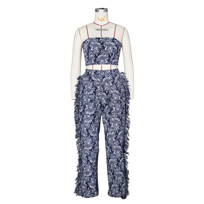 Sexy kanten tubetop met kwastjes, lange broek en jacquard-modeset voor dames_voghion.com