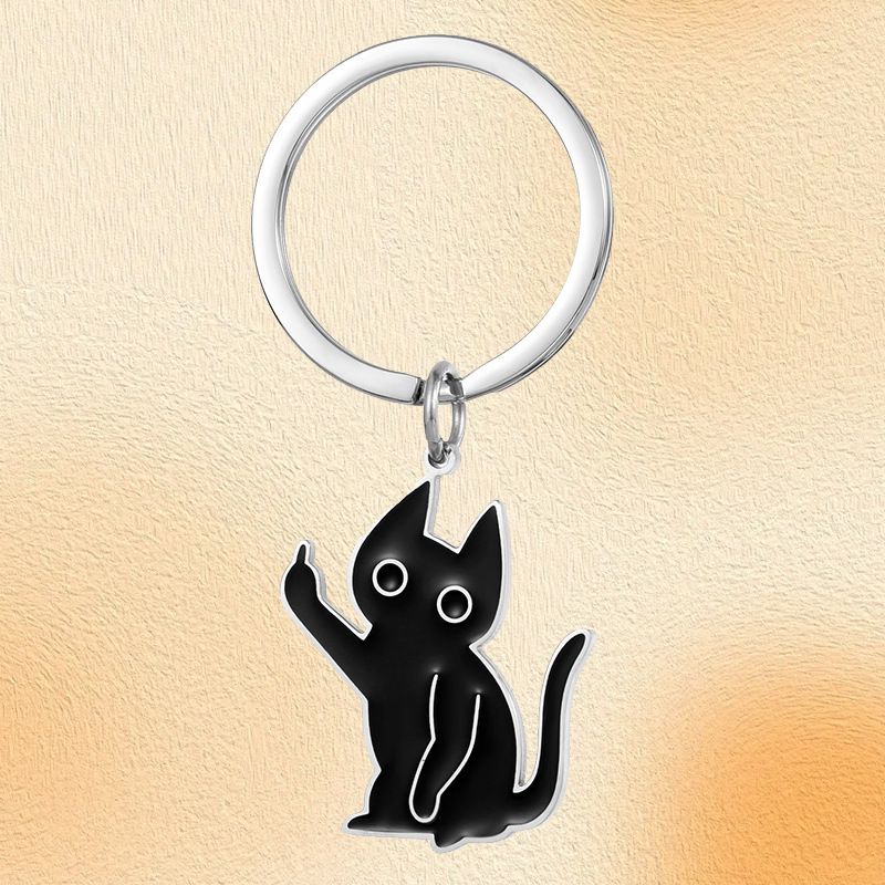 Portachiavi a forma di gattino scontento, divertente, in acciaio inossidabile, con ciondolo a forma di gatto nero con dito medio verticale._voghion.com