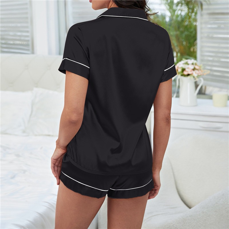 2023 Summer Damen Seid Satin Pamas Set Kuerzärmlech Shorts Zweedeeleg Pyjama-Sets Nachtkleeder Loungewear Button-Down Plus Size_voghion.com
