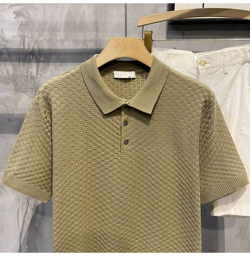 Herrenbekleidung Sommer New Ins Revers Kurzarm Poloshirt Herren Leichtes Luxus All Match Einfarbiges Kariertes Textur T-Shirt_voghion.com