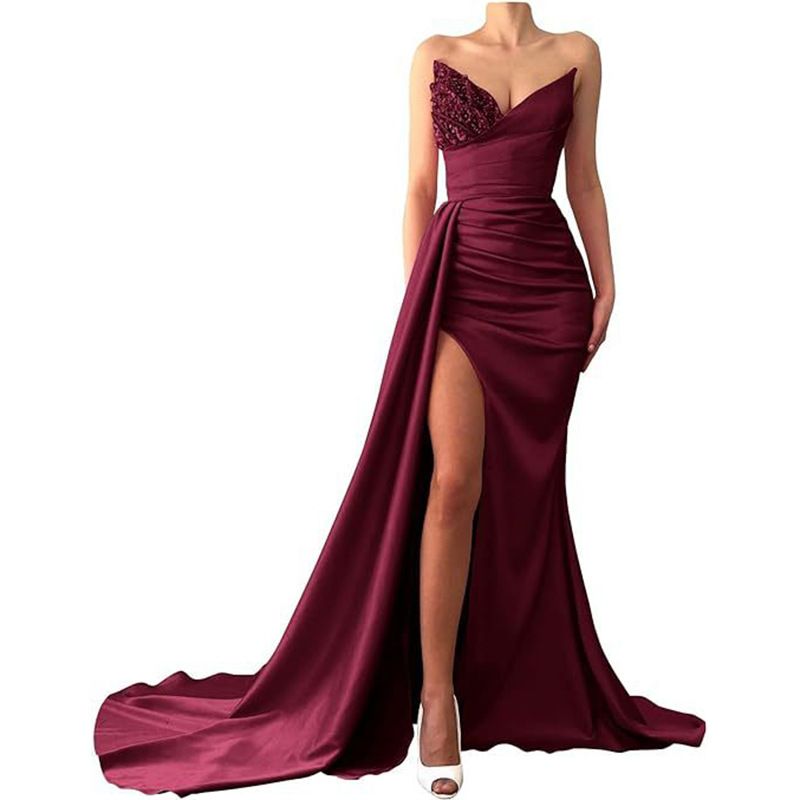 Sleeveless Cocktail Party Sexy Mermaid Strapless Bridesmaid Slit Dress_voghion.com