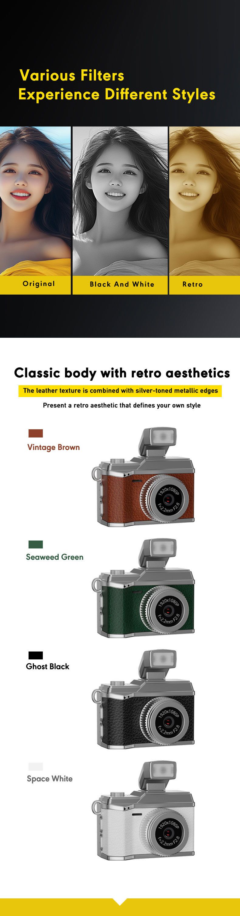 Compact Retro CCD Camera For Students - Mini Thumb-Sized Digital Camera With 0.96" HD Screen, 100MP, USB 2.0, TF Card Slot (Brown/Black/White/Green)_voghion.com