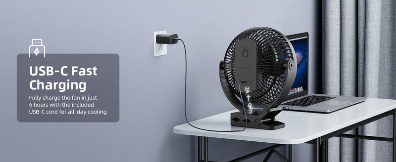 8-Zoll-Tischventilator zum Anklemmen – 10.000 mAh, 4 Geschwindigkeiten, per USB wiederaufladbar_voghion.com
