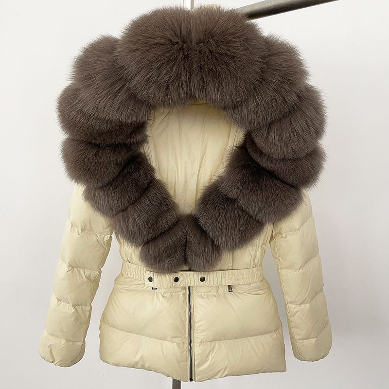 Nuovo stile caldo del commercio estero, giacca corta da donna con collo in vera pelliccia di volpe, giacca in piumino con vita sottile e spessa_voghion.com