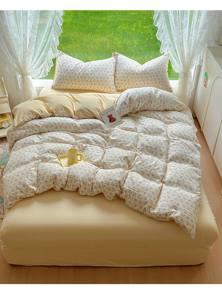 Class A Four-Piece Bedding Set, Pure Cotton Bed Quilt Cover, All-Cotton Fitted Sheet, All-Season Dormitory Single_voghion.com