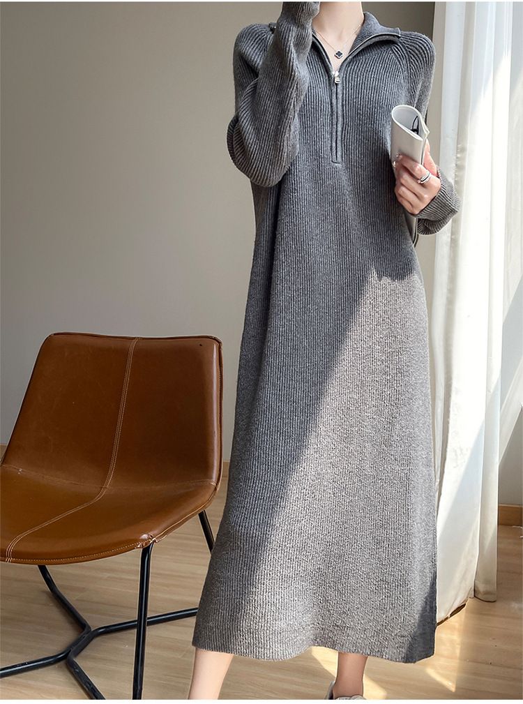 Herbst Winter Neue Frauen 2025 Zipper Design Französisch Stil Schwarz Mid-Länge Basis Gestrickte Pullover Kleid_voghion.com