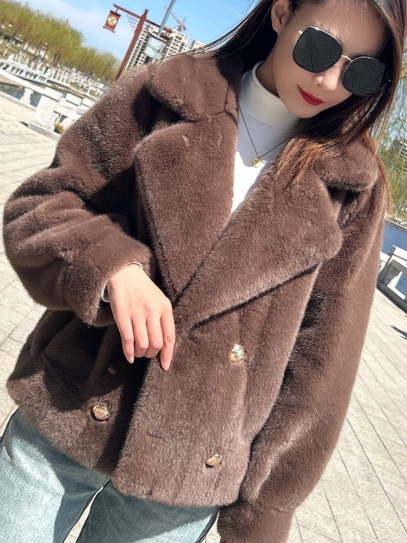 Women's Clothing Luxury Faux Mink Fur Coat - Women's Winter Short Jacket With Notched Collar, Plush Fleece Lining, Elegant & Warm Outerwear_voghion.com