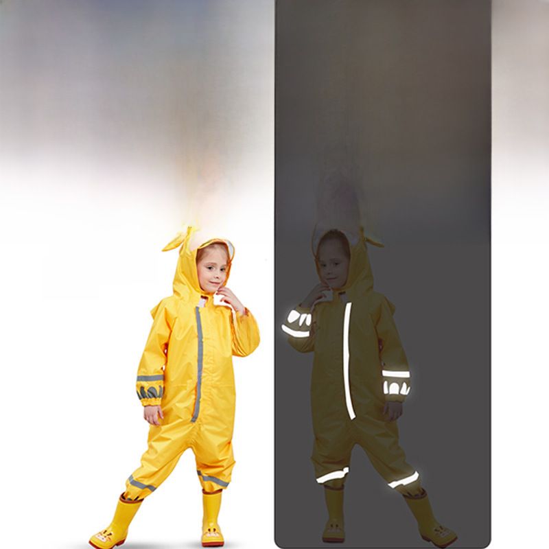 Cross-border three-dimensional boys and children's conjoined raincoat girls light hooded children's poncho reflective strip factory direct sales_voghion.com