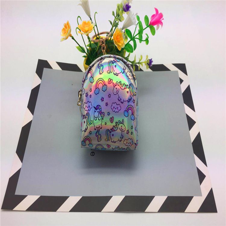 Mochila pequena portátil iridescente com lantejoulas unicórnio e mini porta-moedas com laser e fone de ouvido_voghion.com