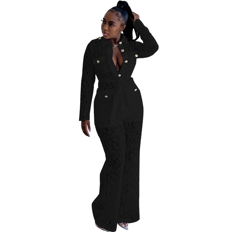 Women's Autumn Fashion Hook Lapel Long Sleeve Pants Suit_voghion.com